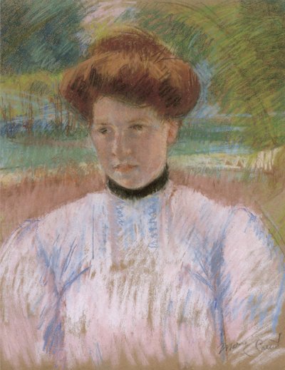 Jonge vrouw met kastanjebruin haar in een roze blouse door Mary Cassatt